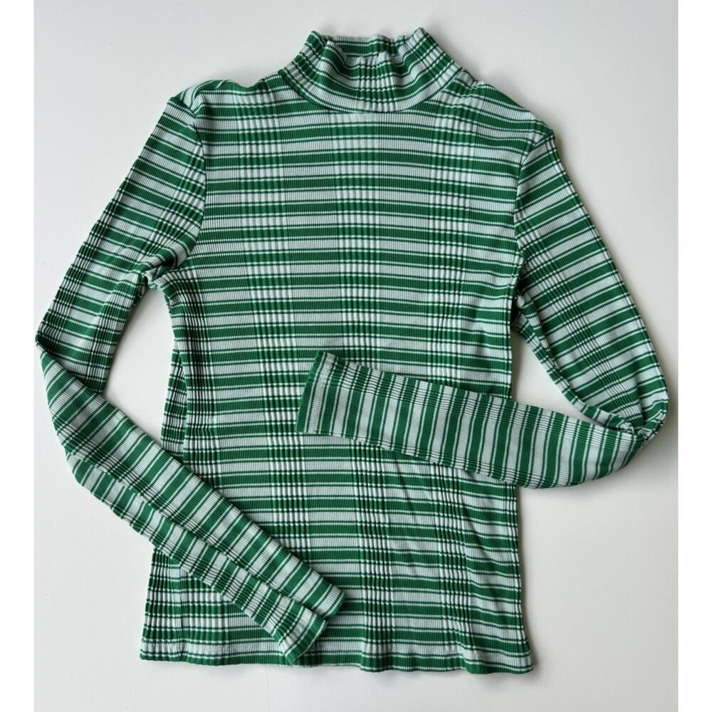 PINK Victoria's Secret Vintage Green Striped Ribbed Stretch Knit Mock Neck TopS - Picture 1 of 5